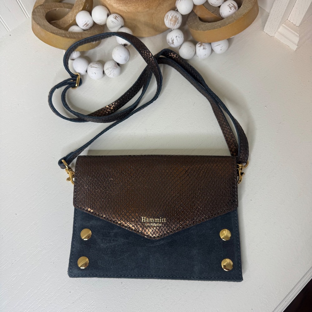 Hammitt Nash Small Crossbody Bag Grey Suede Metallic Bronze Snake Embossed Gold